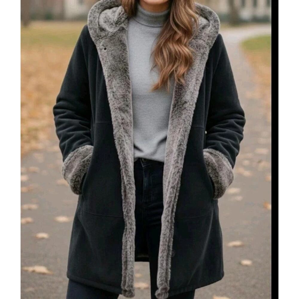 Dennis Basso Genuine Suede Leather Coat Faux Fur Lined Hooded Black/Grey Medium